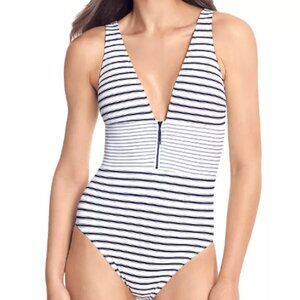 Lauren Ralph Lauren Harrison Zipper V-Neck Striped One Piece Swimsuit 10